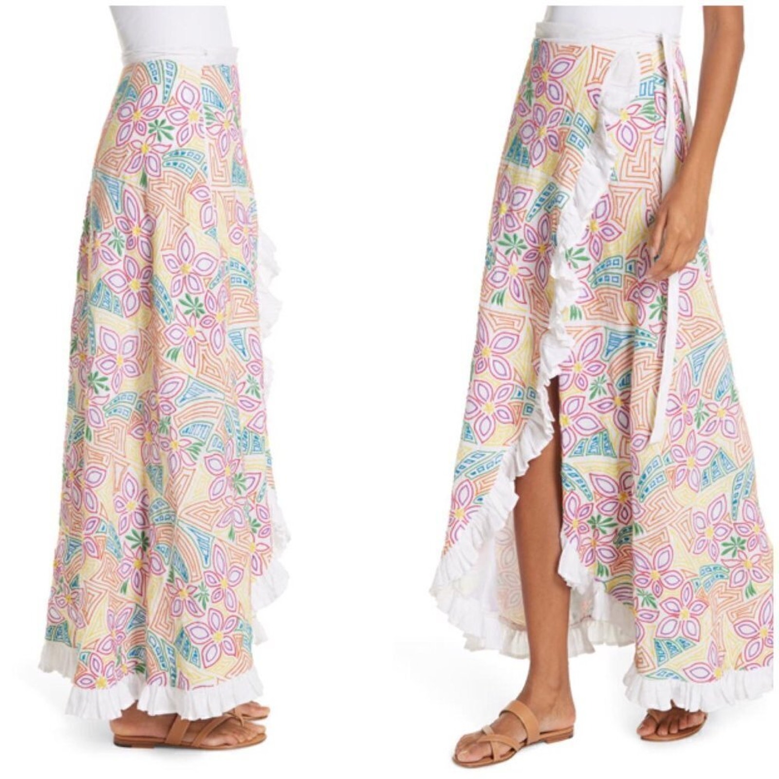 All Things Mochi Embroidered Floral Linen Wrap Maxi Skirt White Multi S Nwt — image 3 of 8